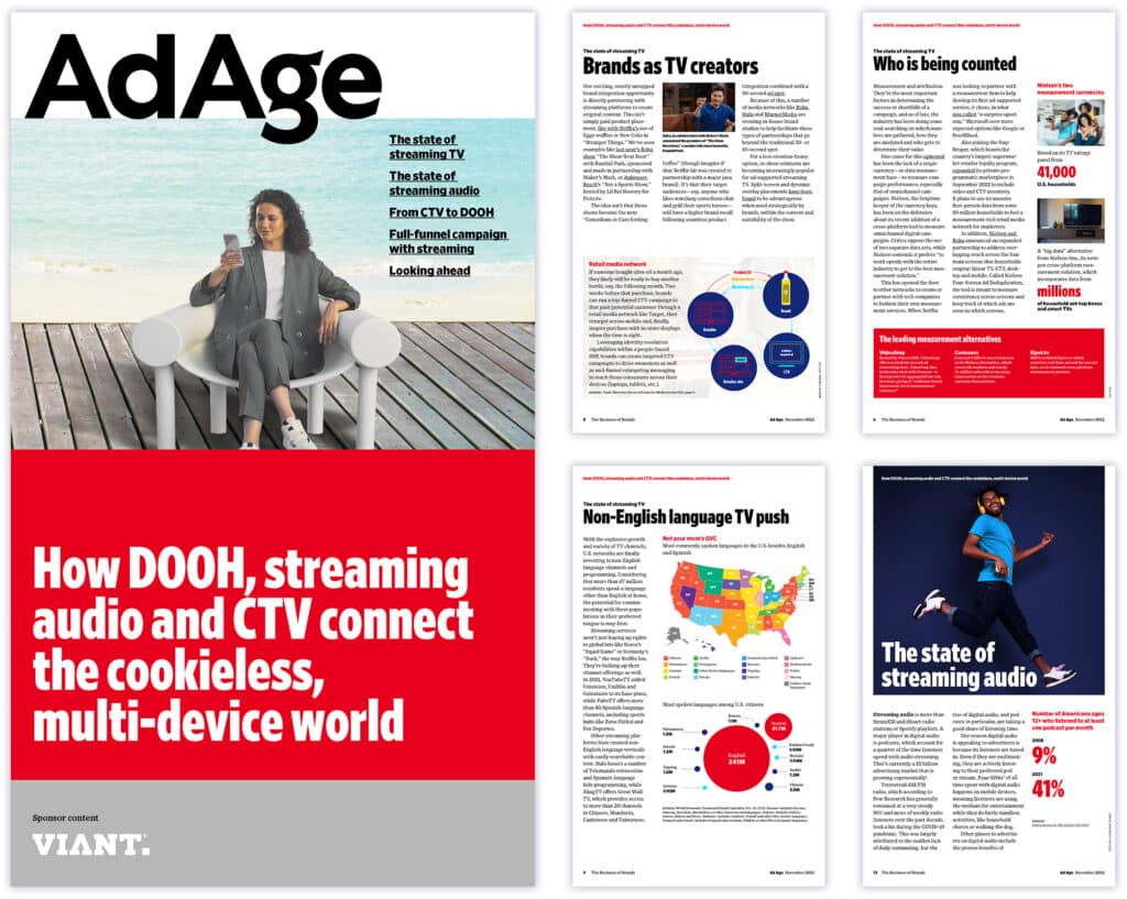 AdAge Cover - image of a woman sitting in a chair on a boardwalk using a smartphone