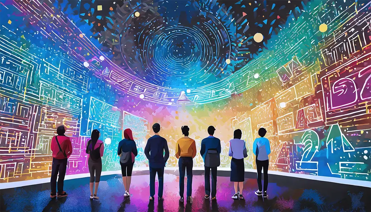 Men and women standing in front of a wall showing advertising technology predictions for 2024