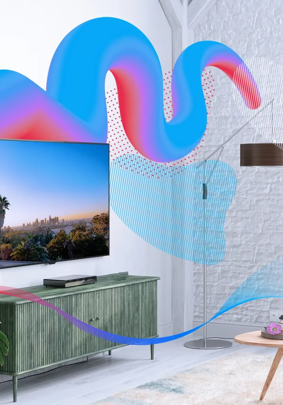 Image of a TV in a living room surrounded by abstract elements