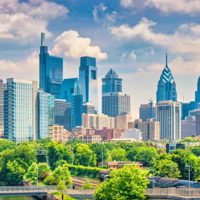 Skyline of downtown Philadelphia Pennsylvania USA on a sunny summer day.